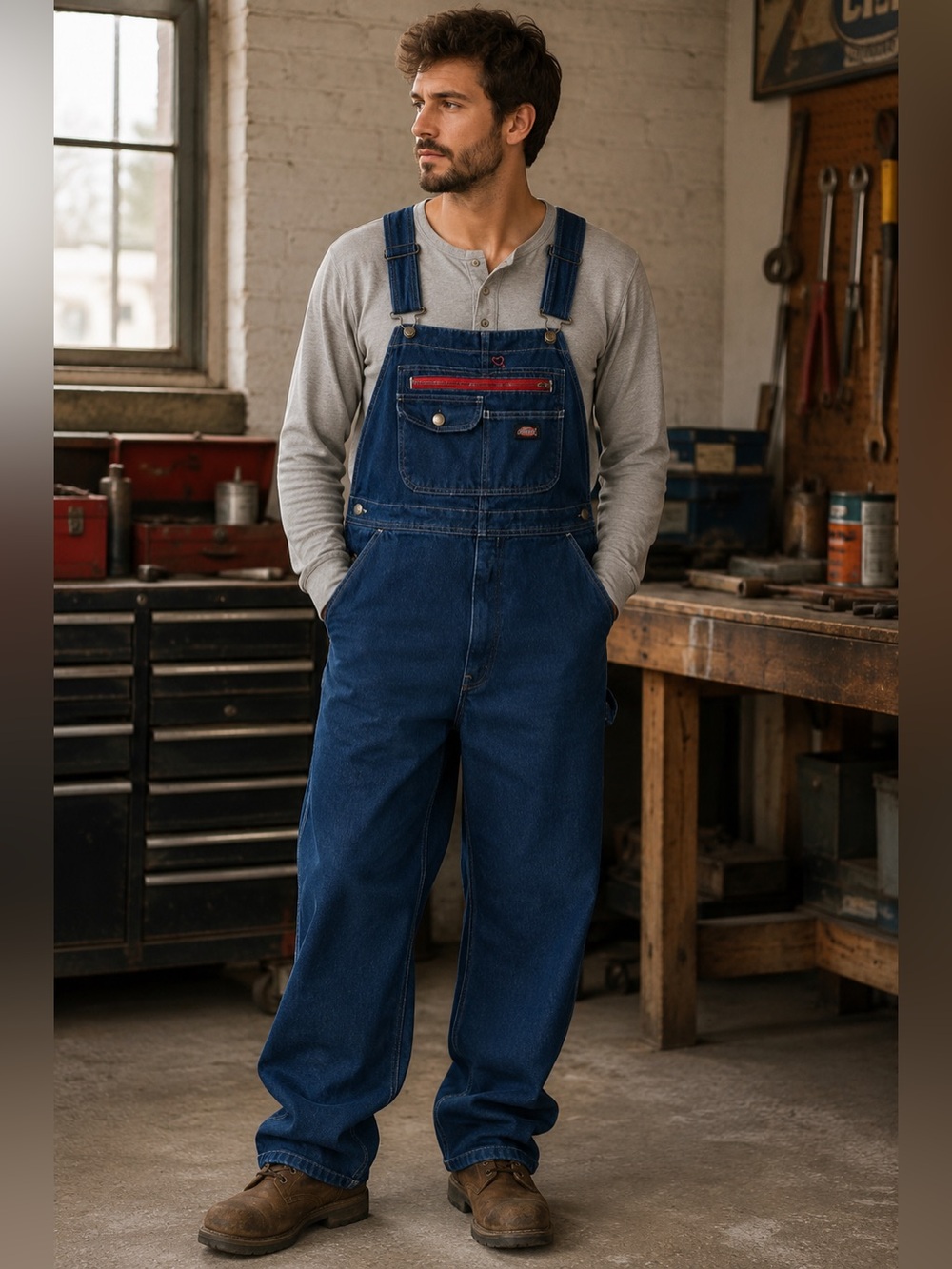 Dickies Men's Blue Cotton Denim Bib Overalls with Red Zip Accent Size Large